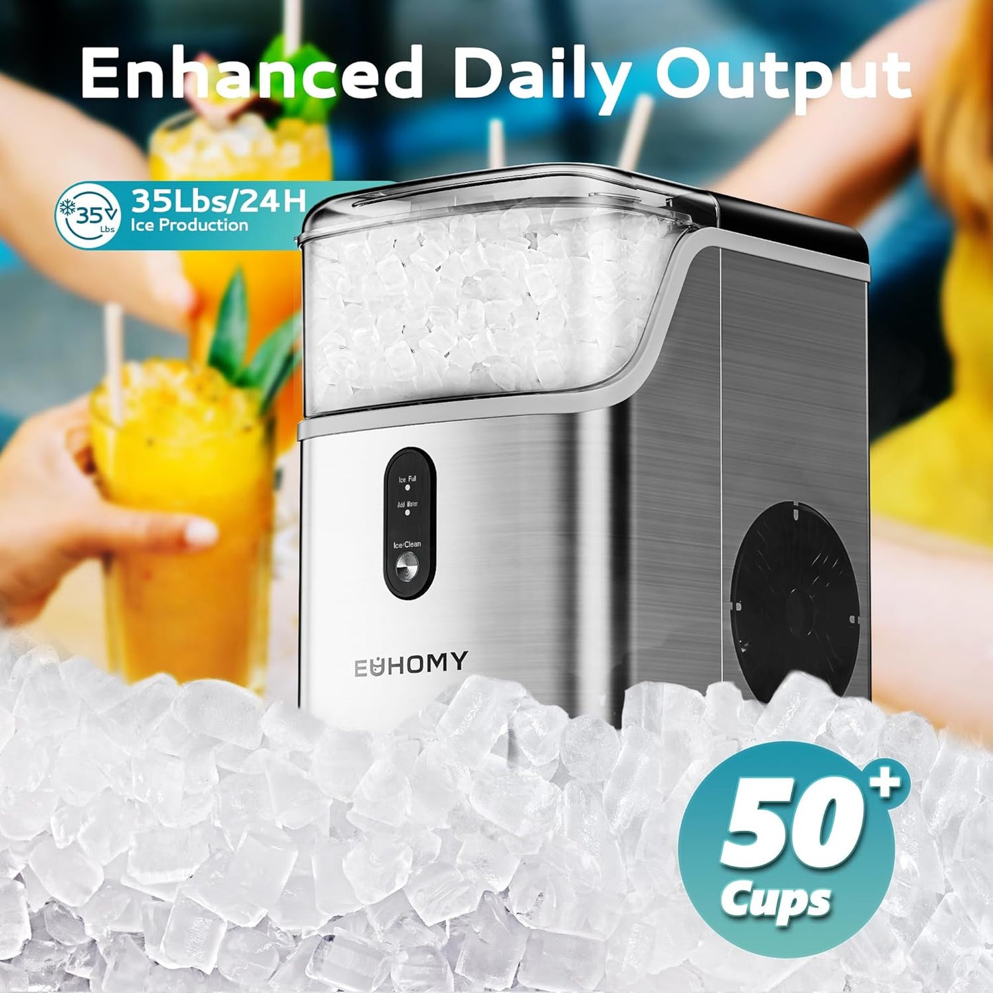 Ice Makers Countertop, Pebble Ice Maker Machine with 35lbs/24H Soft Ice, Self-Cleaning Sonic Ice Maker with Ice Scoop&Basket, Pellet Ice Maker for Home/Kitchen/Office(Stainless Steels)