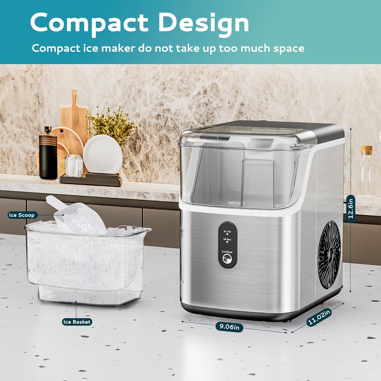 Ice Makers Countertop, Pebble Ice Maker Machine with 35lbs/24H Soft Ice, Self-Cleaning Sonic Ice Maker with Ice Scoop&Basket, Pellet Ice Maker for Home/Kitchen/Office(Stainless Steels)
