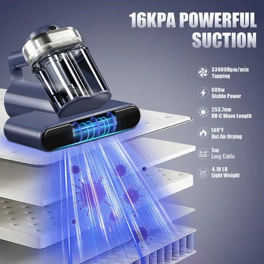 Teant Mattress Vacuum Cleaner for Dust Mites Removal, Bed Vacuum with UV-C Liaht &149'F Hot Air & Aroma Tablet & LED Display, 600W&16Kpa Powerful Suction Double-Cup Handheld Vacuum Cleaner With HEPA Filter for Bed Couch Sofa Carpet, DeepCleaning Machine